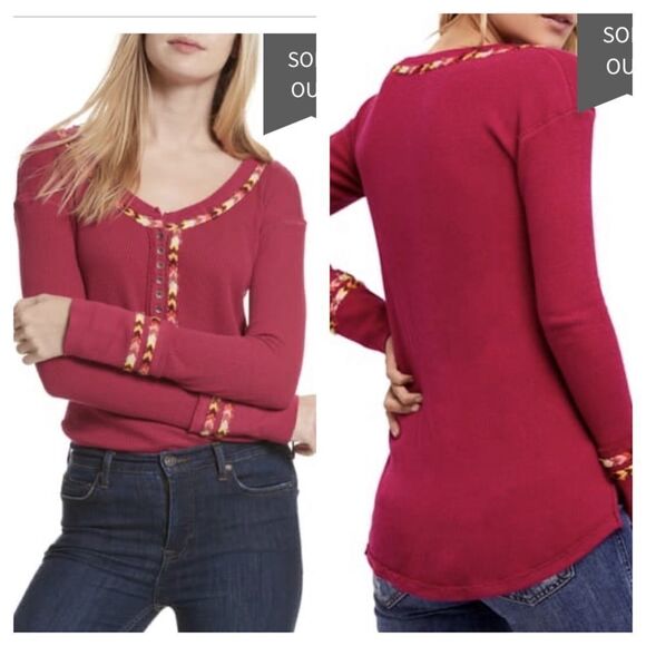 Free People We the Free Rainbow Crochet Thermal Henley Top - Picture 1 of 9